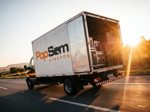 Caminhão baú da Pop Som com a porta traseira aberta, carregado de equipamentos