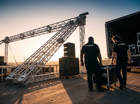 Dois integrantes da equipe Pop Som ao lado de caixas de som e da estrutura do palco ao entardecer